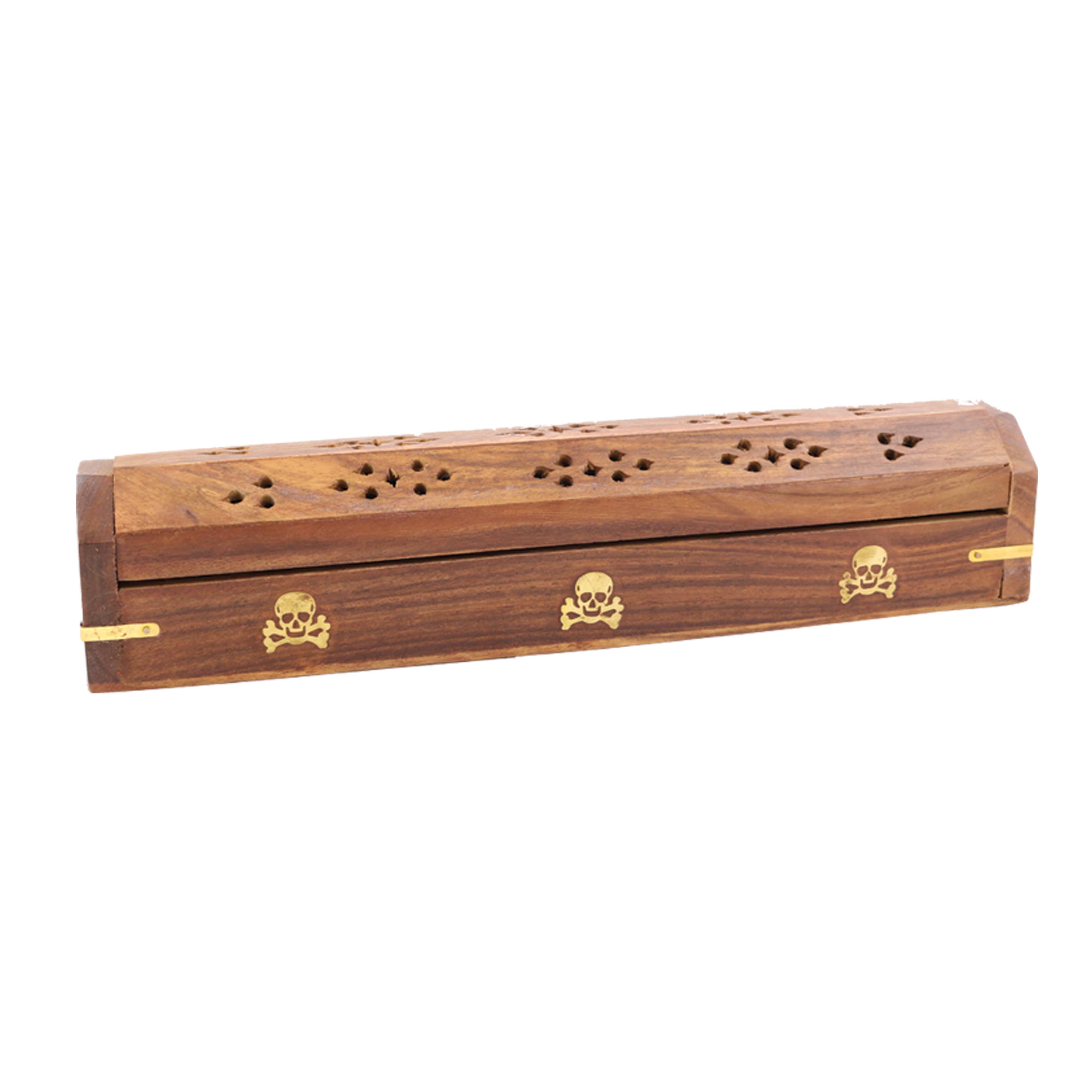Designs by Deekay Inc. - Wholesale Incense Holder - Hand Carved Wooden Incense Burner Box - Skull & Bones0