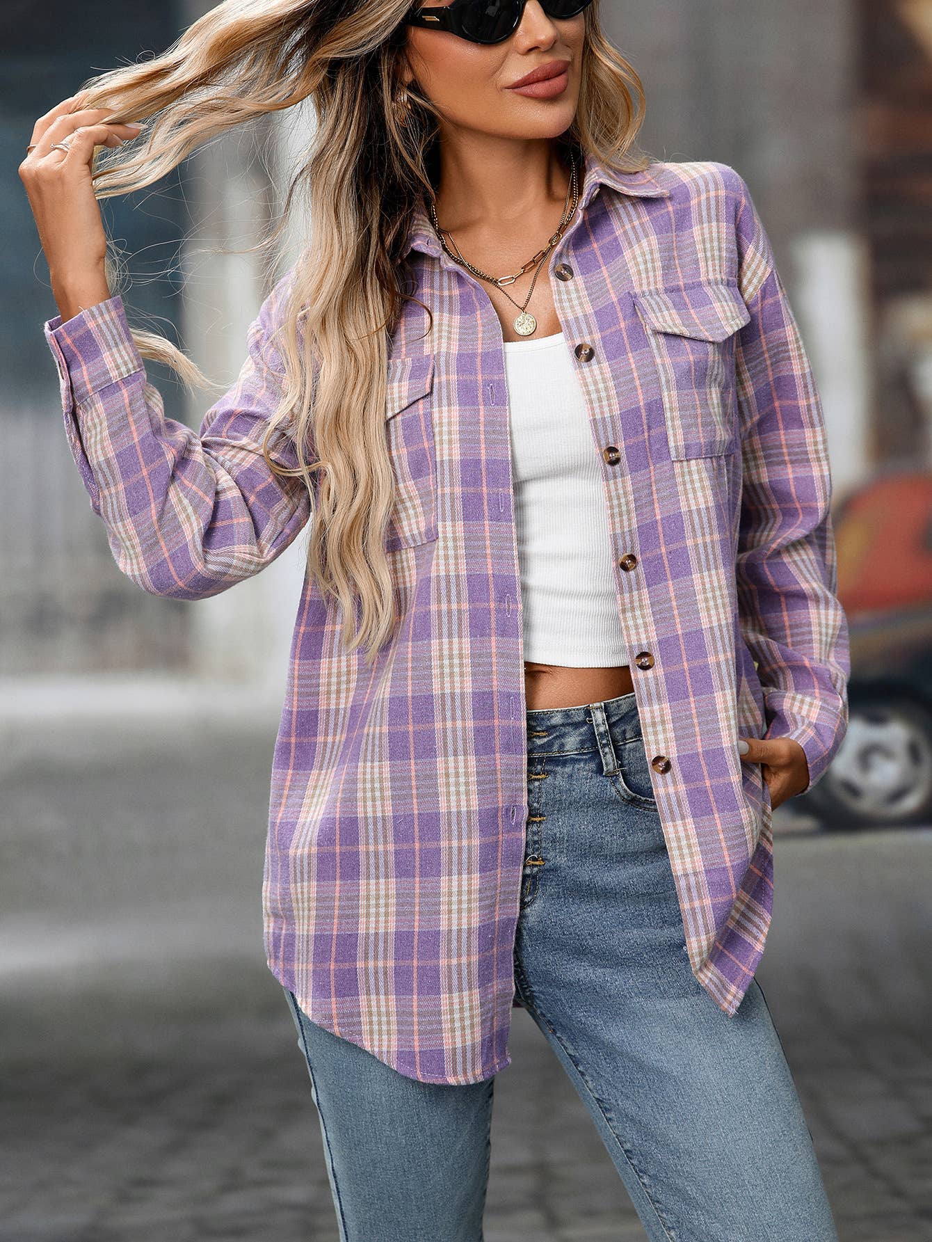 FULL TIME PURCHASE - Wholesale Button Down Shirt - Women's - Plaid Print Chest Pockets Buttoned Shirt20
