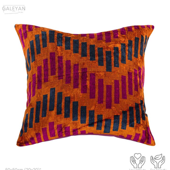 Silk Velvet Ikat Cushion – Fuchsia / Burgundy / Orange for wholesale by Galeyan Design