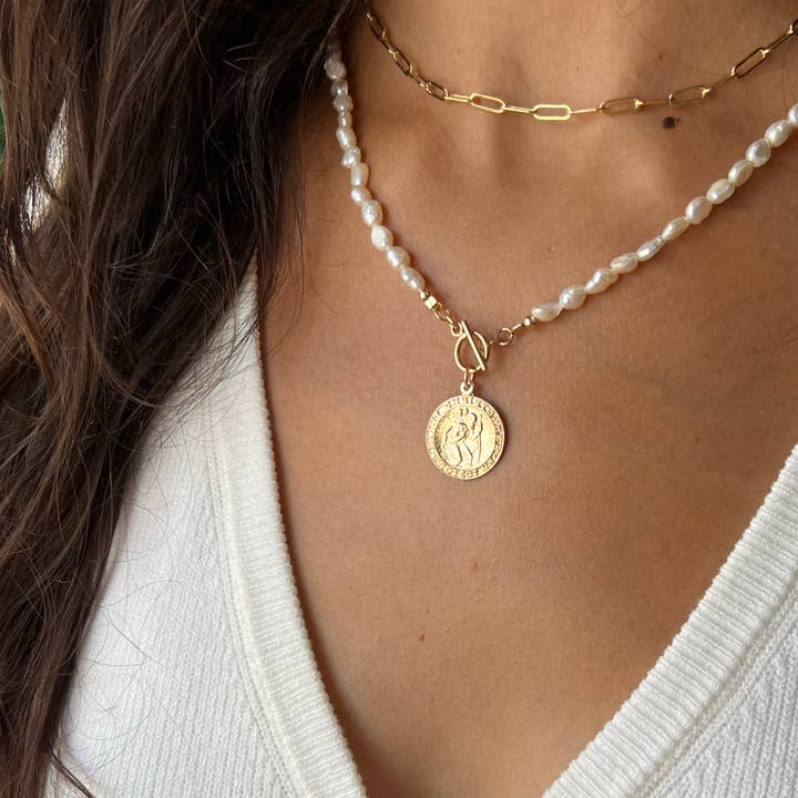 Saint Christopher Toggle Pearl Necklace Gold Filled for wholesale by True by Kristy Jewelry
