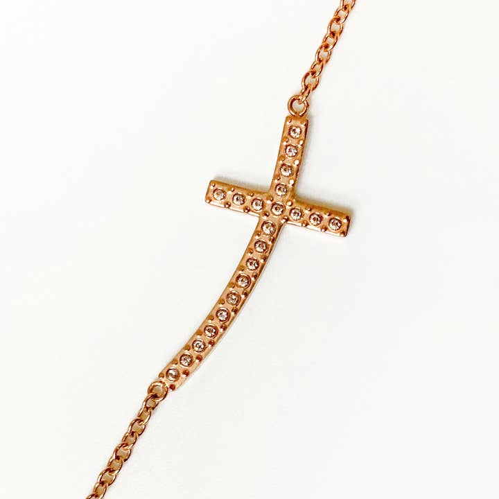 Sparkle Sideways Cross - Everyday Necklace (Rose or White) for wholesale by Boogie Toes