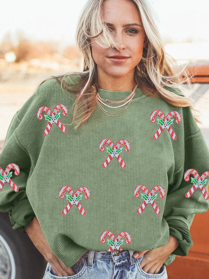 Grass Green Candy Cane Shimmer Patched Corded Baggy Sweatshirt for wholesale on Faire4
