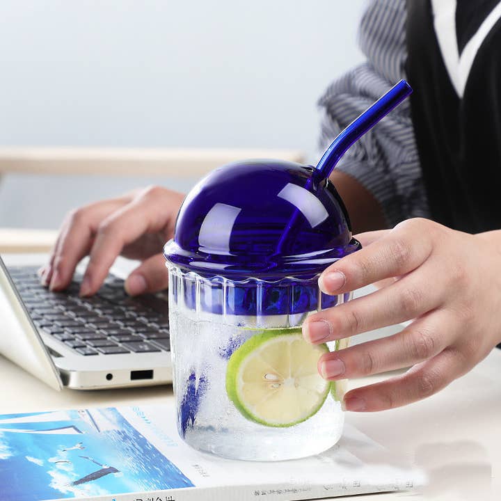 Our Dining Table - Wholesale Drinking Glass/Cup - Domed Colorful Glass Coffee Cup with Lid and straw