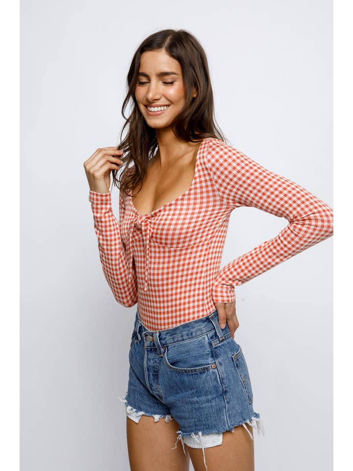 Red Check BT2472- Gingham Print Bow Bodysuit for wholesale on Faire