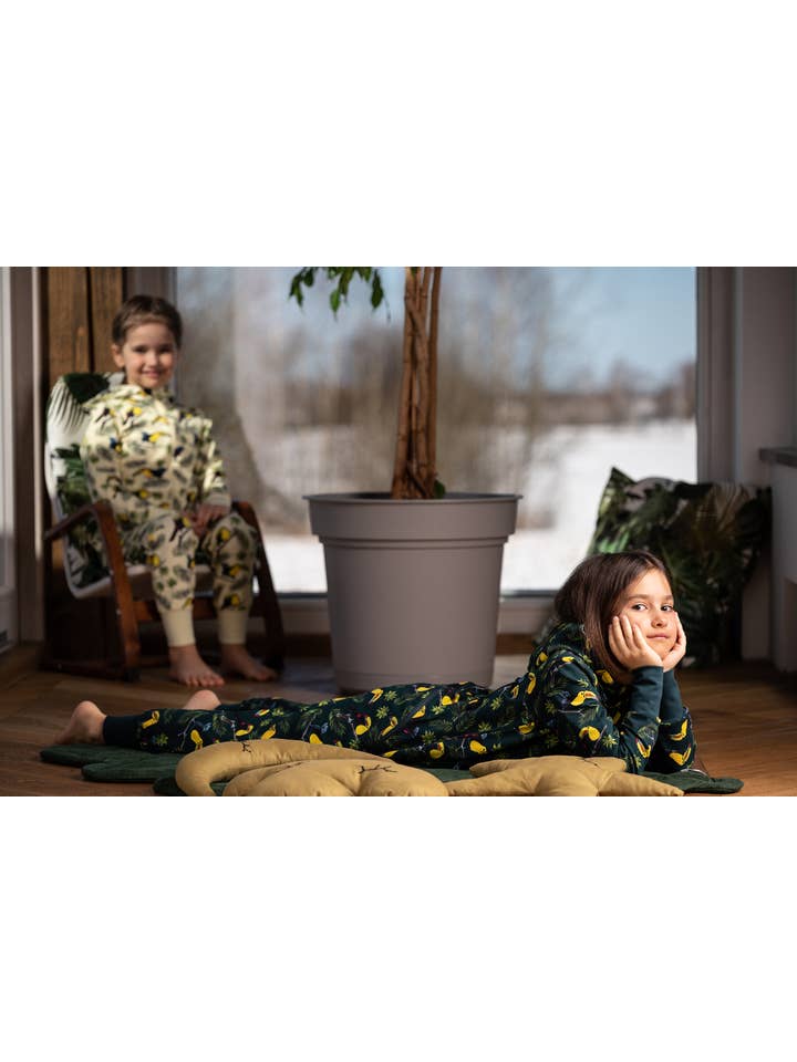 Warm jumpsuit with zipper rear, toucan print, blue for wholesale on Faire6