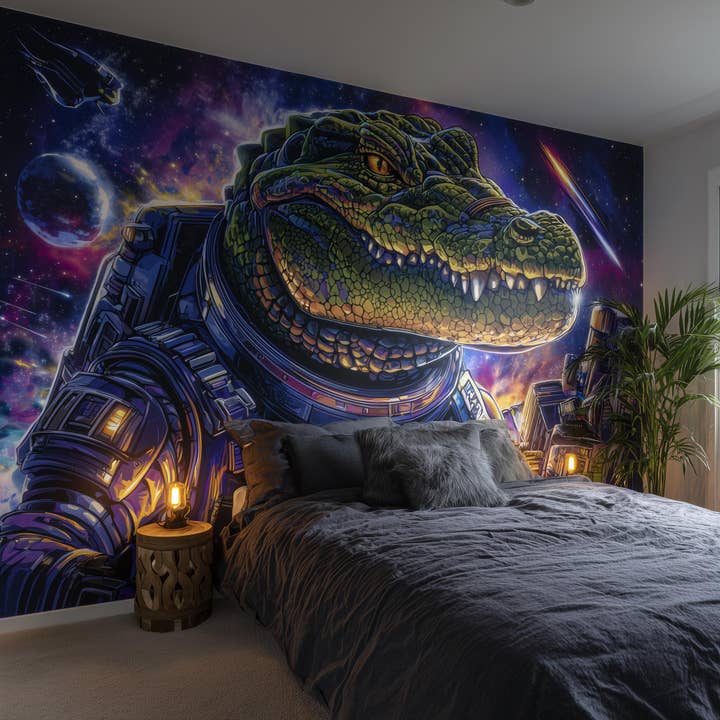Autocollant mural spatial | Autocollant mural crocodile astronaute | Décoration pour chambre d'enfants | Fresque vinyle cosmique autocollante | Décoration murale amovible pour la vente par Decords