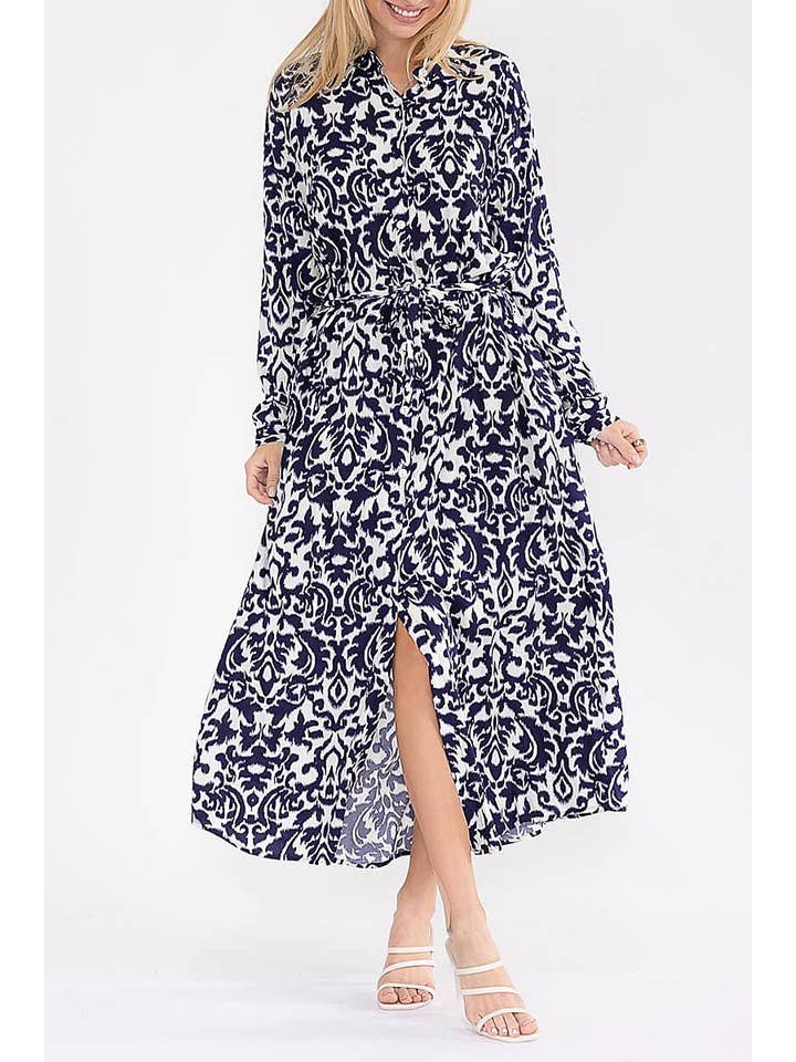 ROUSSEAU - Wholesale Dress – Women's - LONG SLEEVE BUTTON UP SELF TIE MULTI PRINT DRESS8