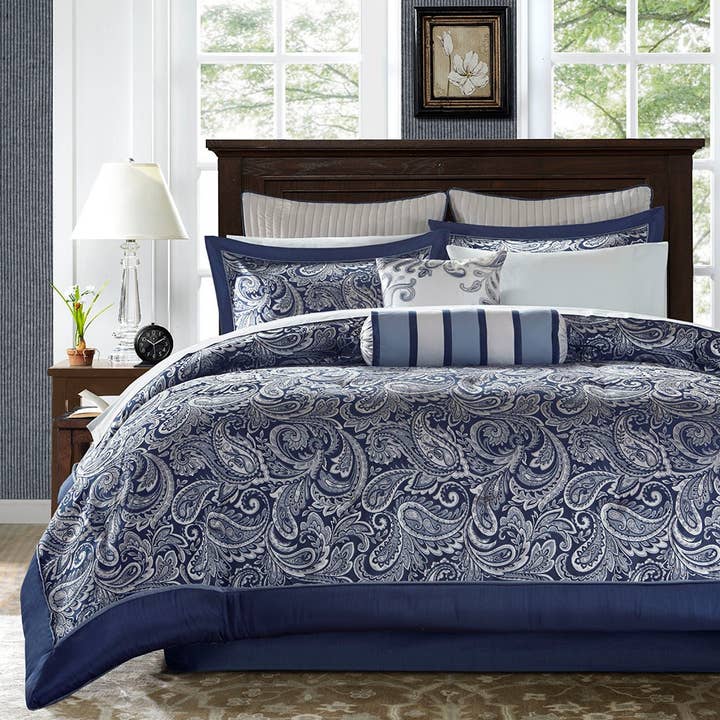 Olliix - Vente Parure de lit - Paisley Ensemble de douillettes et draps 12 pièces Bleu