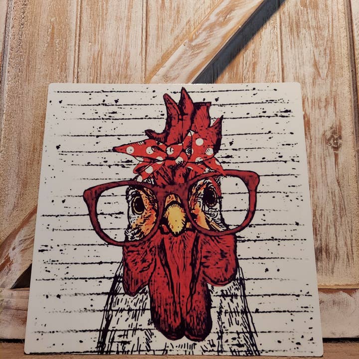 Chicken with bandana and glasses aluminum sign for wholesale by An Array of Wreaths, LLC