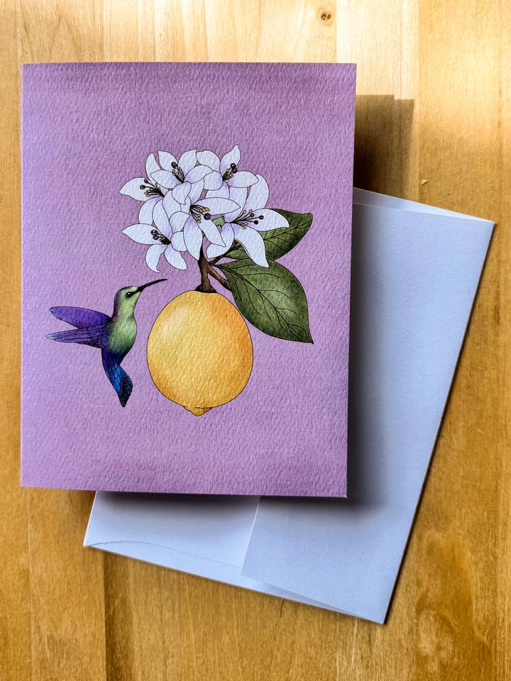 Lemon and Hummingbird Blank Greeting Card – Stationery, Writ for wholesale by Luna Lupe Studio