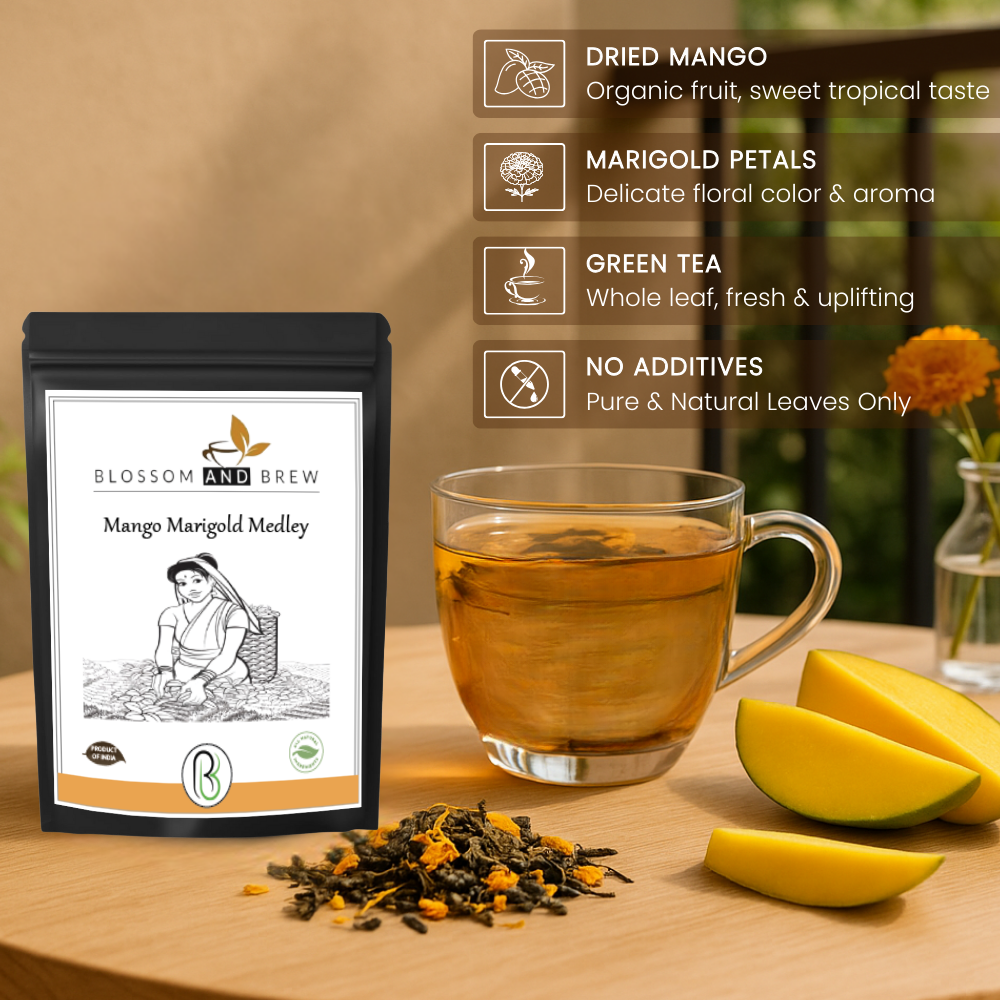 Blossom & Brew – wholesale Löst te – Grönt te-mango ringblomma medley, fruktig och blommig blandning2