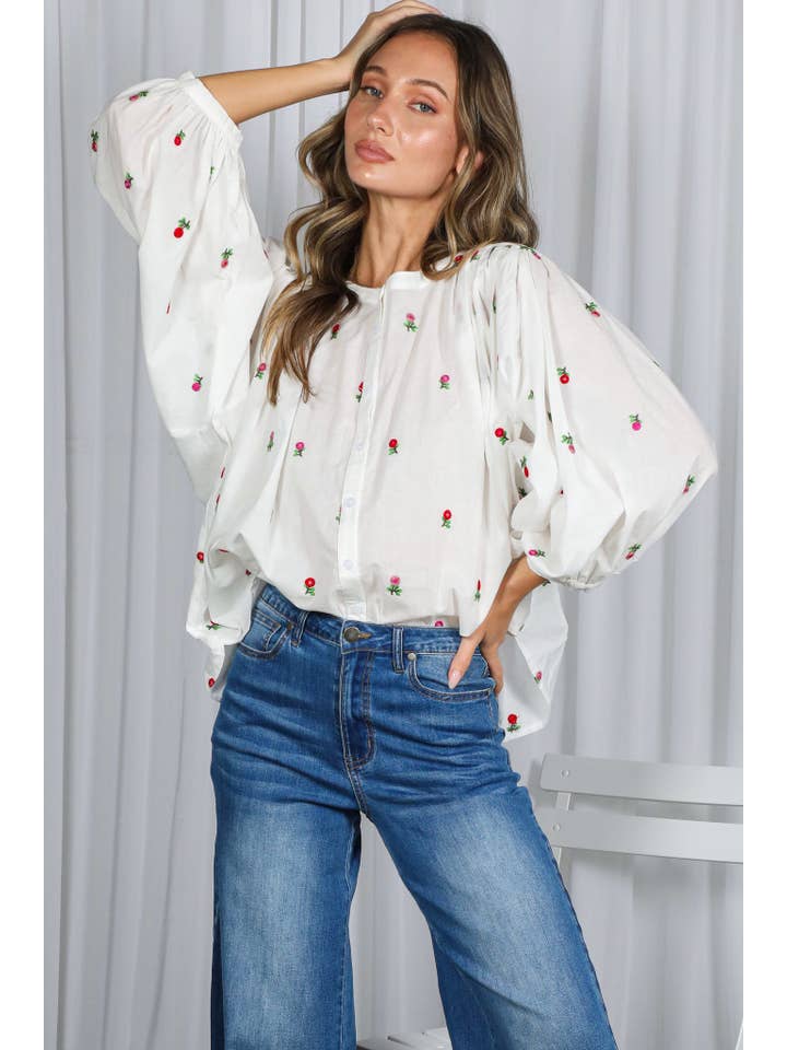 Off White English Ross Embroidered Draped 3/4 Sleeve Blouse VT82897 for wholesale on Faire8