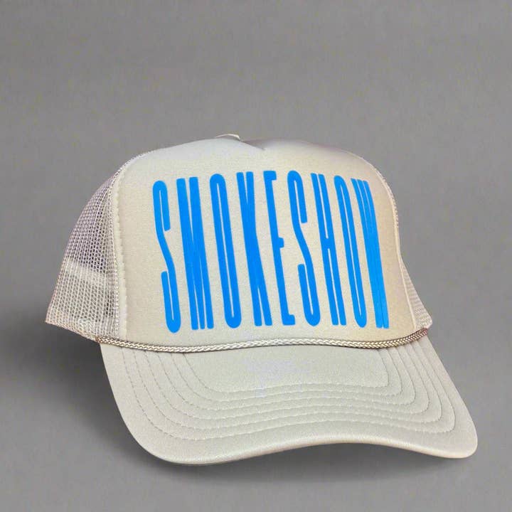 Smokeshow Foam Trucker Hat Khaki & Cobalt for wholesale by Smokeshow Hat Company