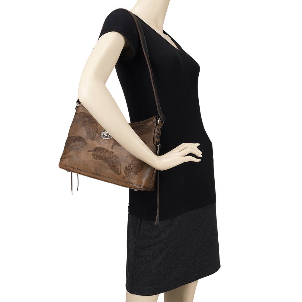 Marrone Carbone Invecchiato Borsa a spalla con zip Sacred Bird in vendita all'ingrosso su Faire4