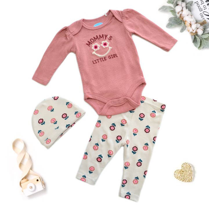 Baby 3pcs Chenille Applique Bodysuit Hat Pants Set for wholesale by Lollipop Dreams