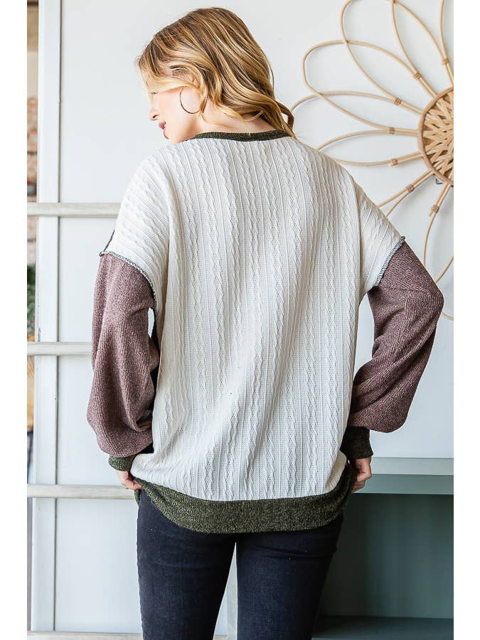7th Ray - Wholesale Sweatshirt - Women's - Color Block Front Pocket Drop Shoulder Banded Hem Top T5348