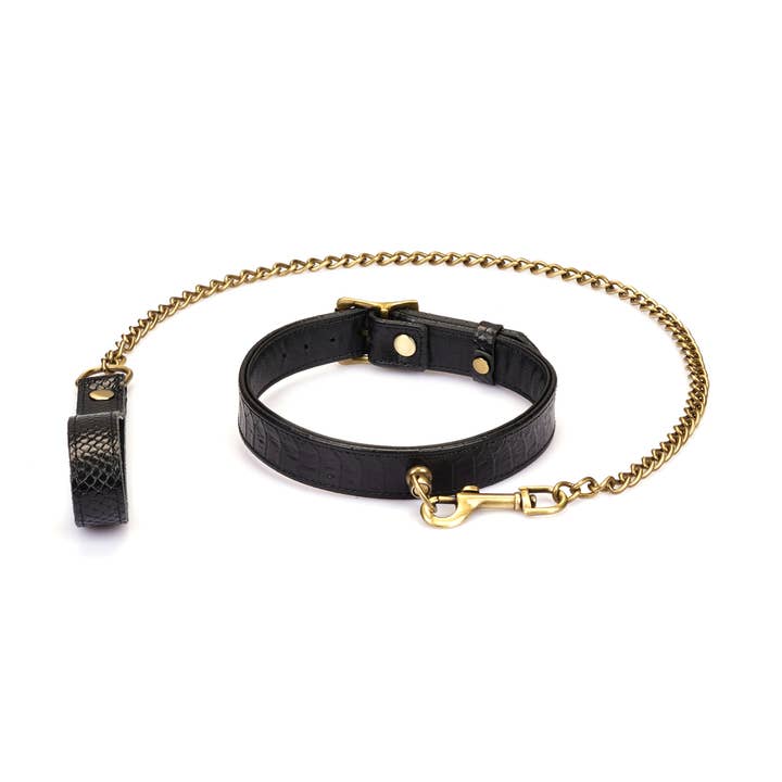 Crocodile Noir: Collare in Pelle Nera con Guinzaglio a Catena per la vendita all'ingrosso da parte di Liebe Seele