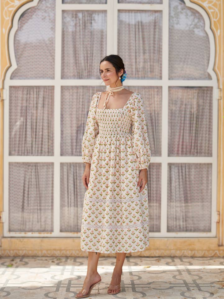 Echo of Pink – wholesale Dress – Women's – Midi Dress | Butter Yellow | Block Print Dress | Pearl Dress3