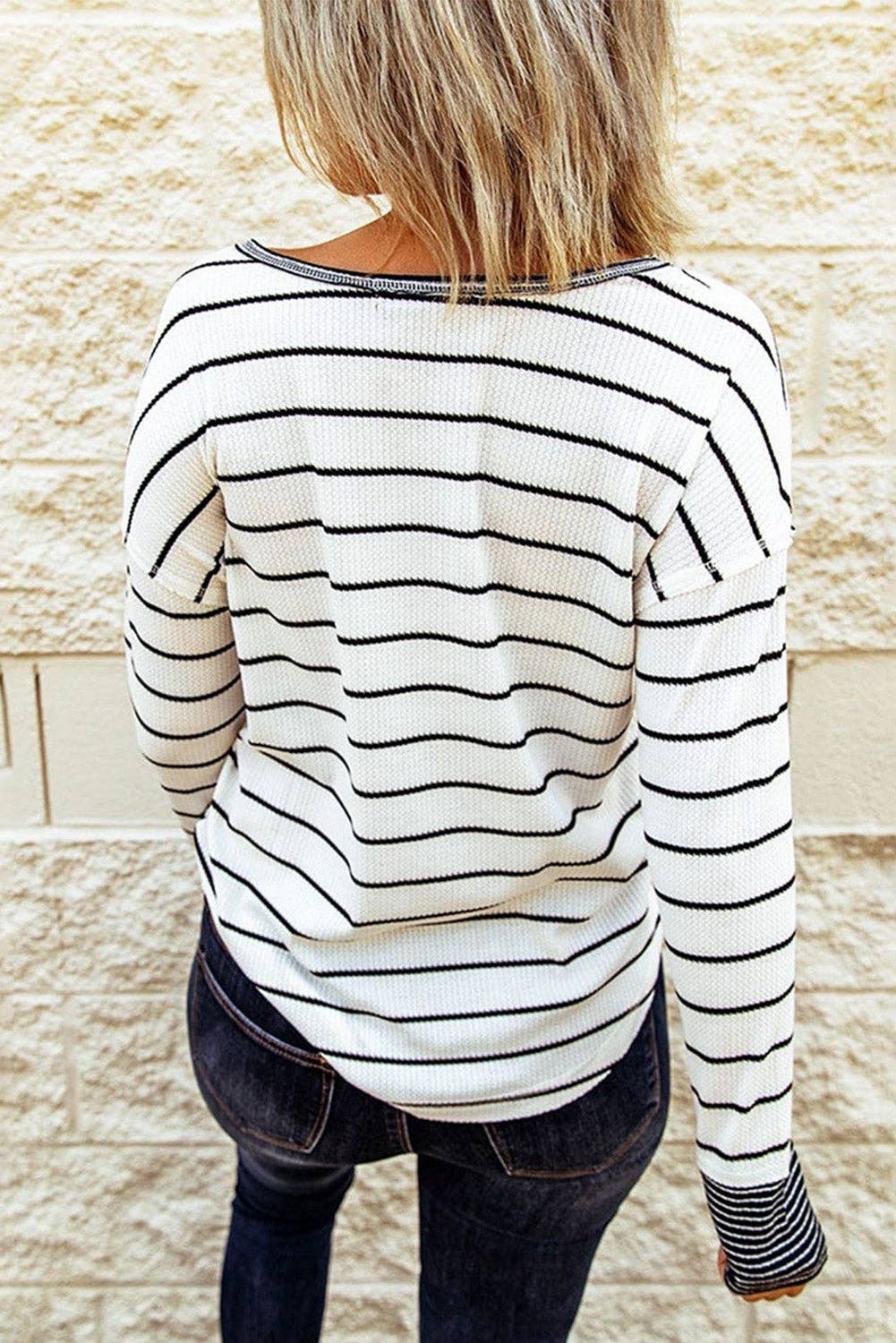 Lovesoft – wholesale Knit top – Women's – Striped Color Block Buttoned Waffle Knit Shirt1