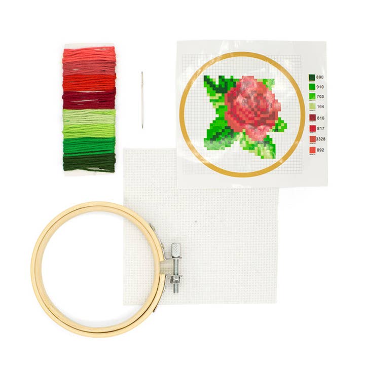 Kikkerland Design Inc - Wholesale Embroidery/Cross Stitch Supplies - Mini Cross Stitch Embroidery Kit - Rose1