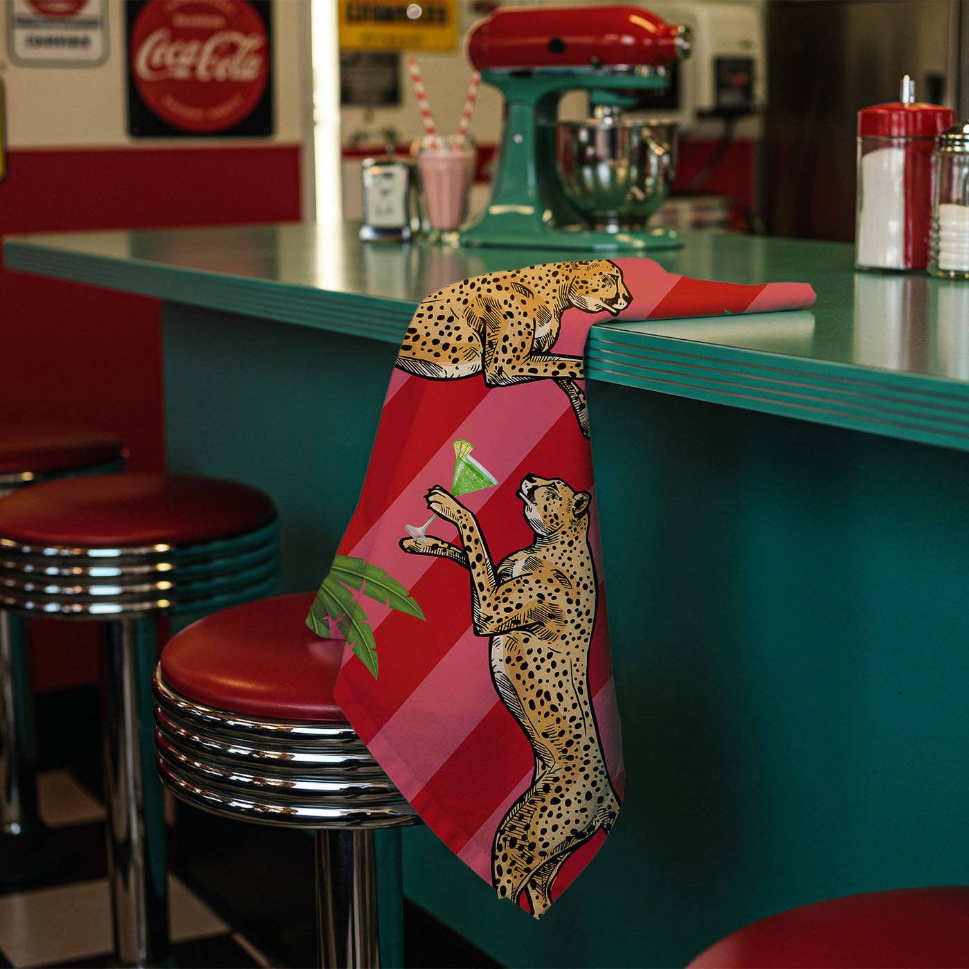 Queen K - Wholesale Tea towel - Cocktail Cheetah Red & Pink Striped 100% Linen Tea Towel2