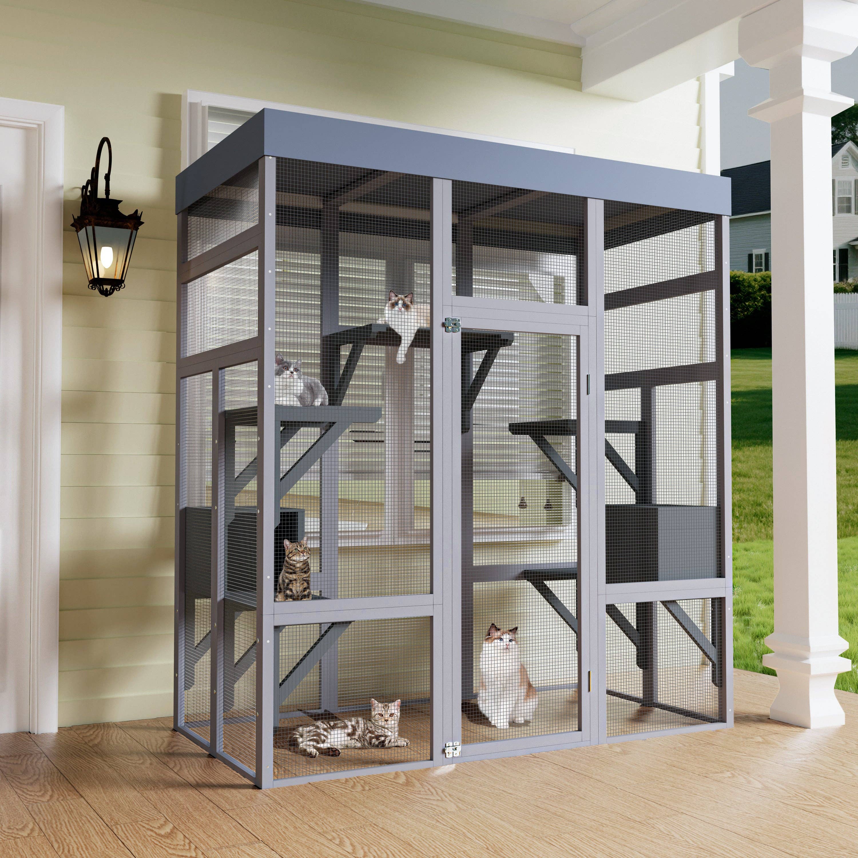 39F Inc. - Wholesale Pet Carrier - Cat - 62.6in Outdoor Wooden Catio with Roof and Platforms12