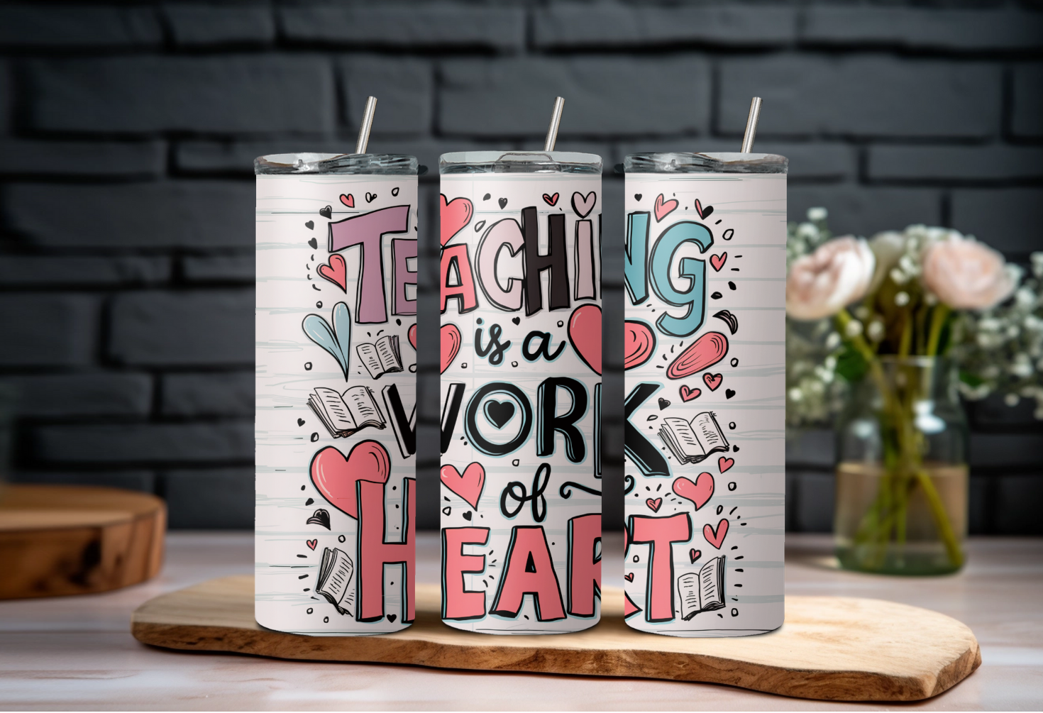 Wicked Flower Creations - Wholesale Insulated Mug/Tumbler - Teaching Is A Work Of Heart Doodles Tumbler0