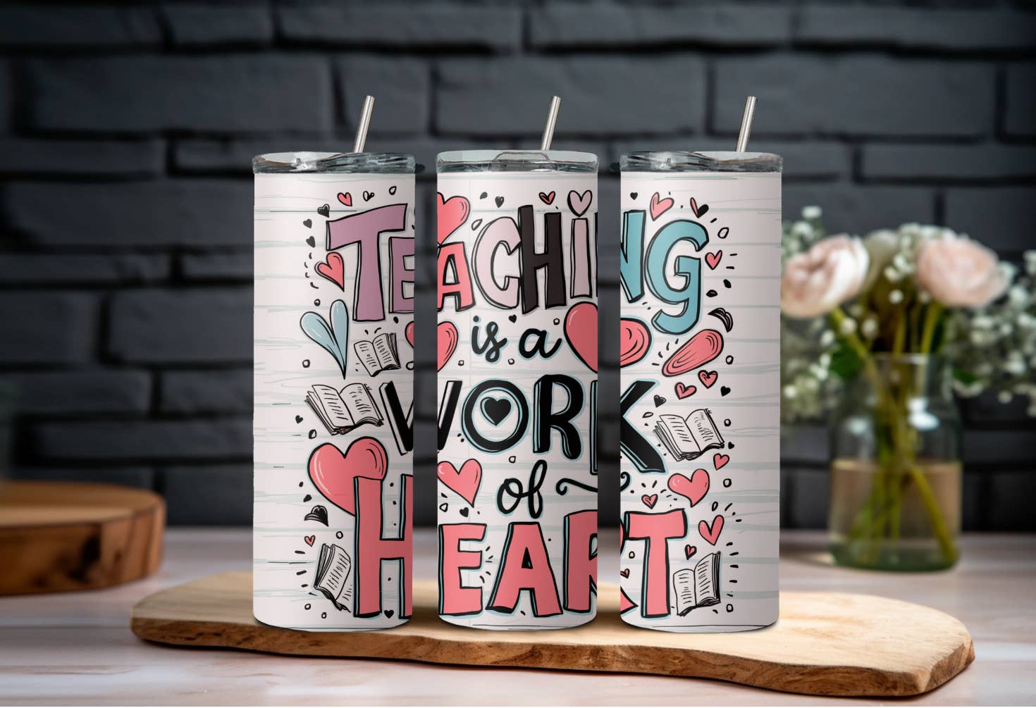 Wicked Flower Creations - Wholesale Insulated Mug/Tumbler - Teaching Is A Work Of Heart Doodles Tumbler