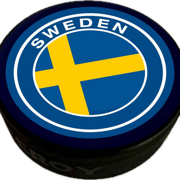 IIHF World Juniors Sweden Two-sided Hockey Puck for wholesale by Lowsportgeaar