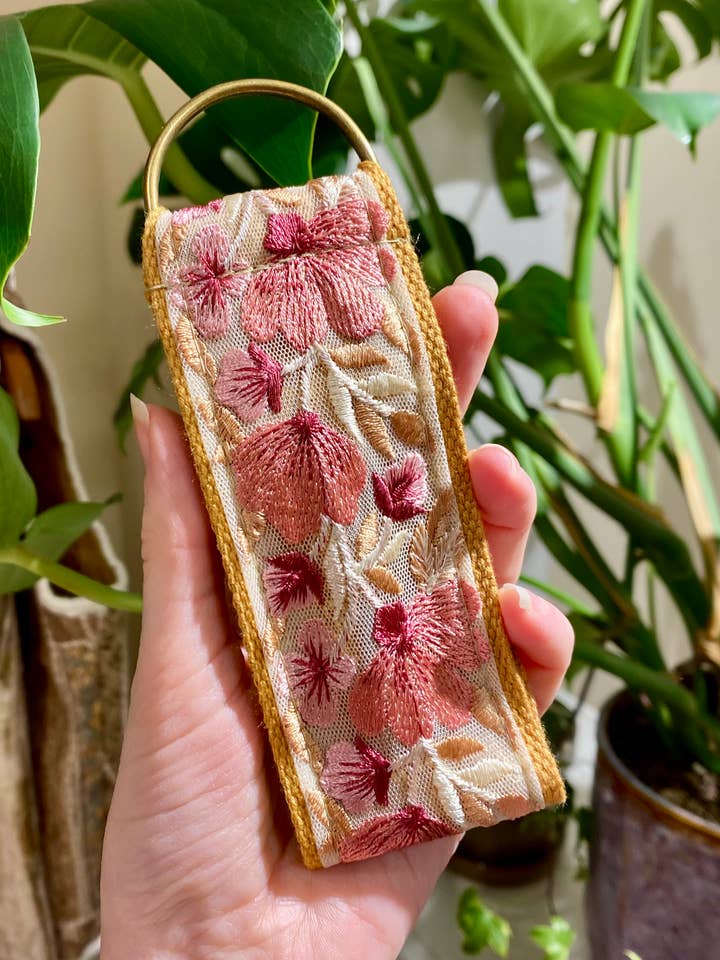 Flora in pink with yellow floral fabric keychain ~ gifting for wholesale by Temple of Treasure