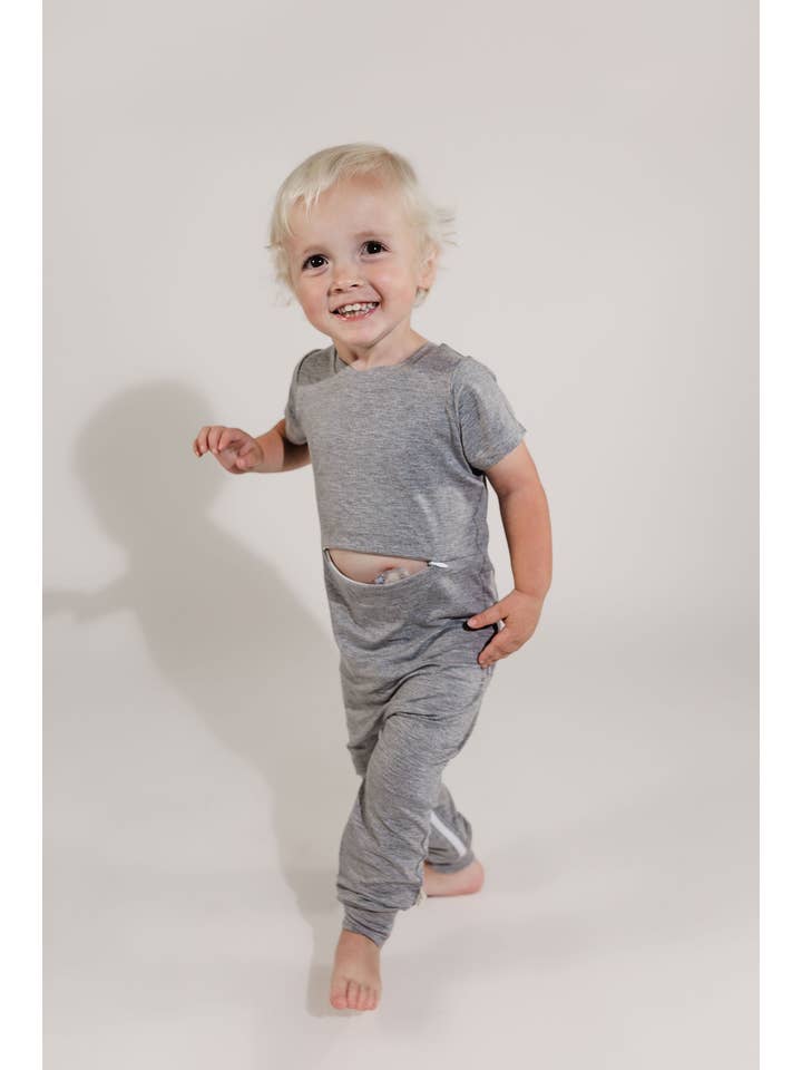 Zipease - Wholesale Jumpsuit - Kids - Grey Bamboo Lyocell Romper with G-Tube Access