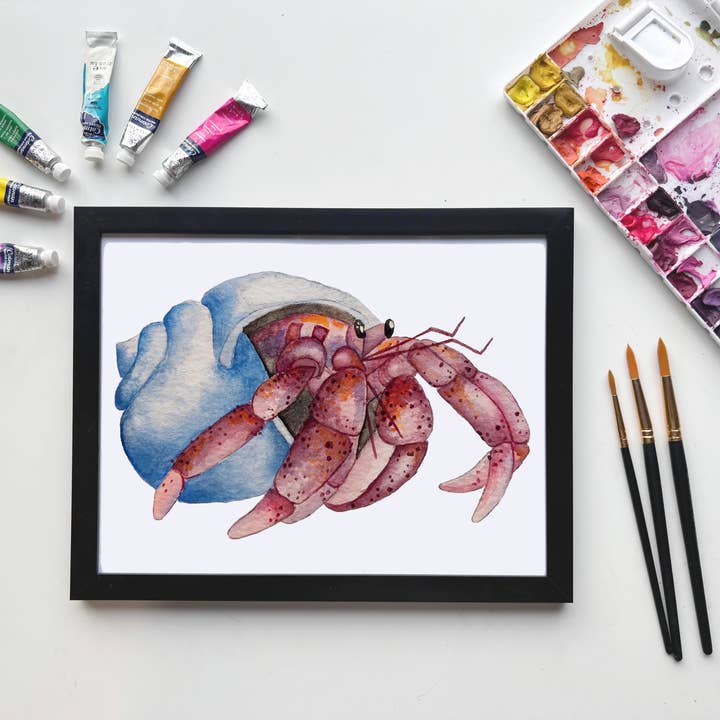 Impression Aquarelle de Bernard-l'ermite – Impression d'Art Océan Côtier pour la vente par Owlfeathers Watercolor