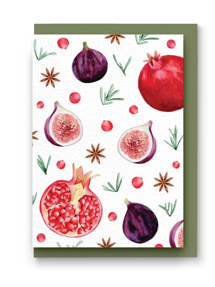 Pomegranate and Fig Christmas Card for wholesale by Kate Hall Design