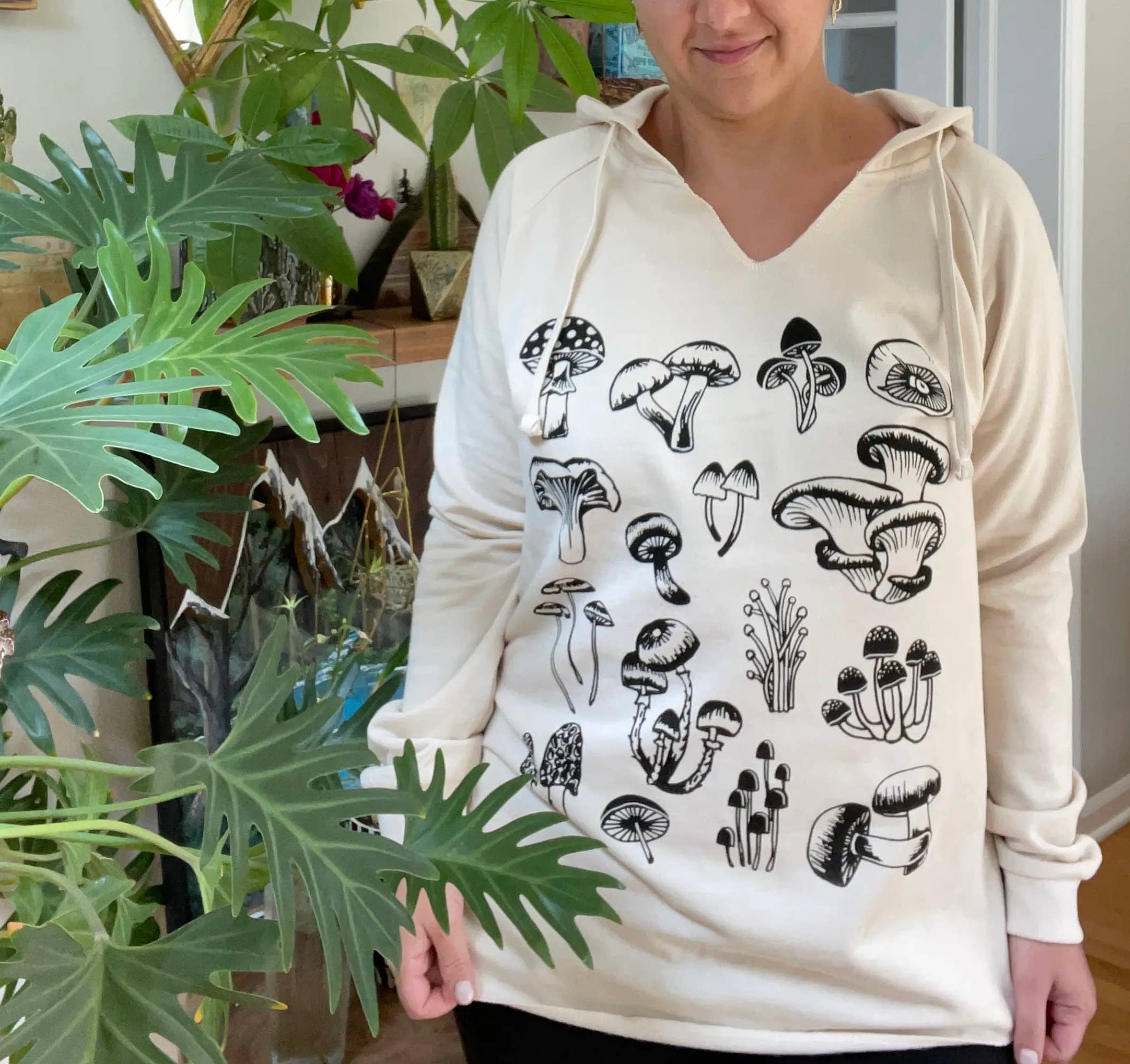 Mad Love Shop - Wholesale Hoodie - Women's - Cream Fleece V-Notch Beach Pullover Hood with Evergreen Tree2