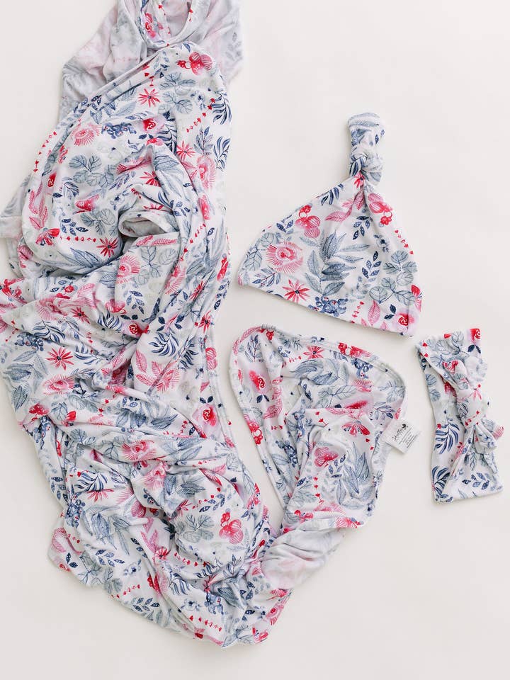 Swaddle Blanket, Newborn Gown, Hat & Headband Set Bloom for wholesale by Stroller Society