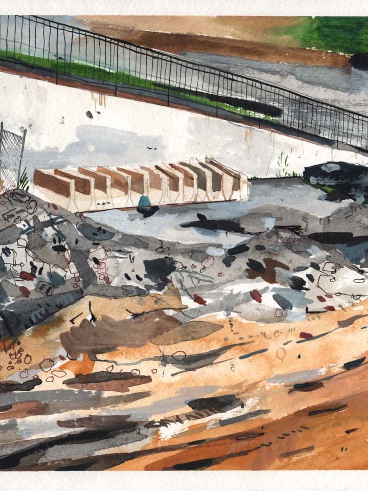 Leeg terrein in Linwood en Gillham, Kansas City. Aquarel en gouache. 15 „x 12". Kunstwerk van John Kline voor wholesale door John Kline Artwork