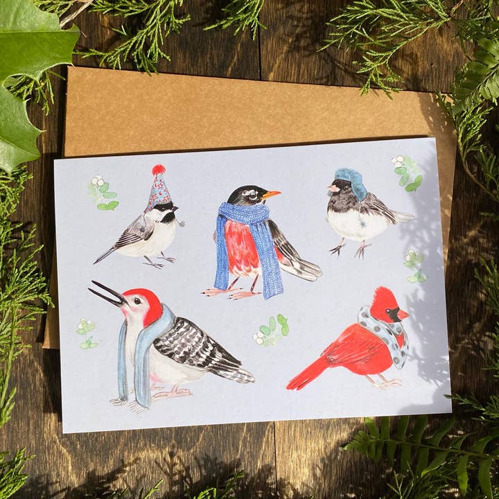 Tarjeta de felicitación de invierno con pájaros con bufandas para venta al por mayor de Allison Stoiser Art
