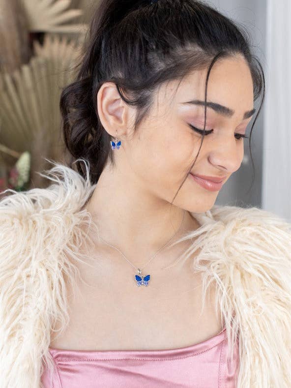 Sapphire Blue Butterfly Crystal Sterling Silver Necklace for wholesale by Annie and Sisters