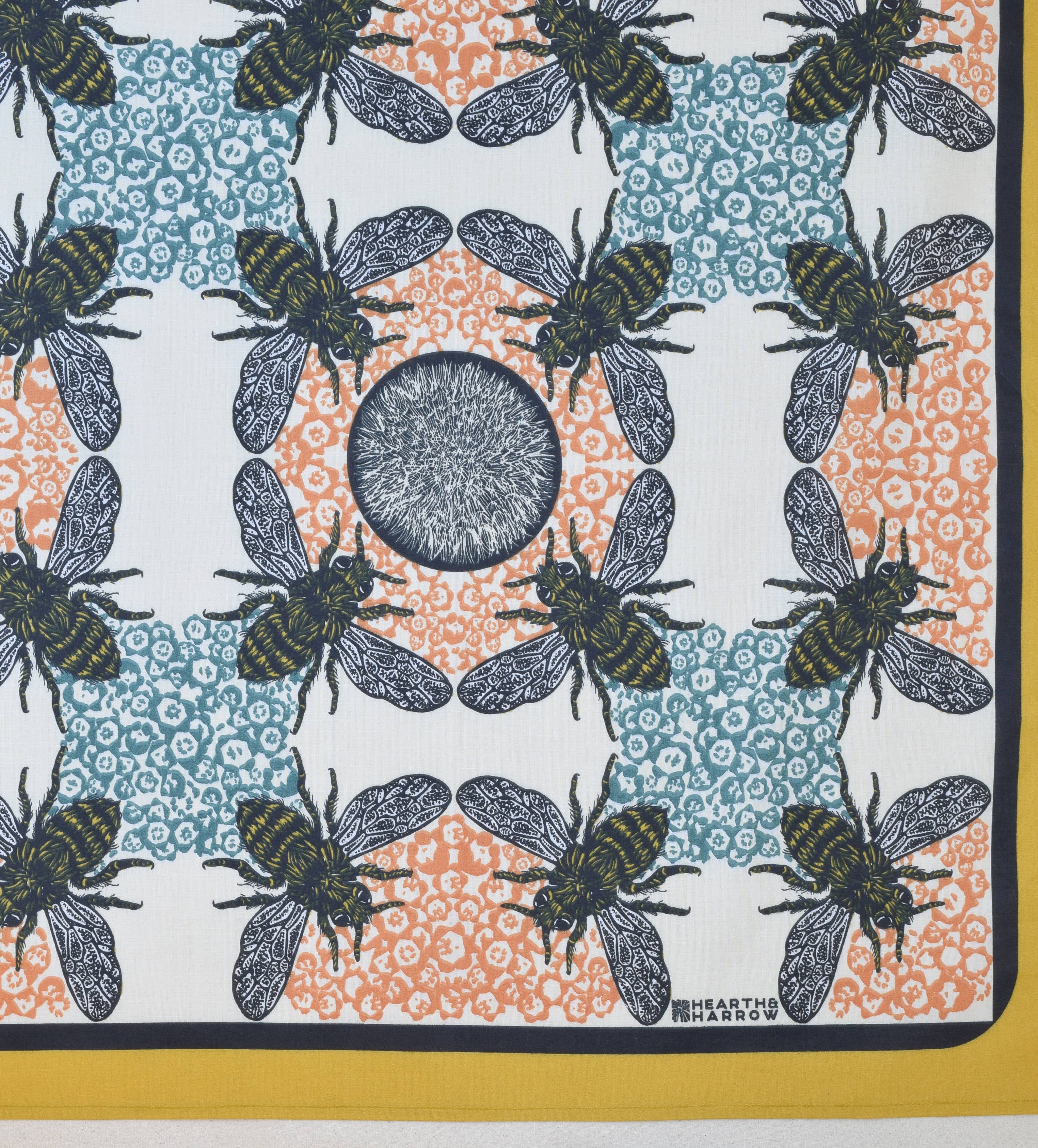 Hearth and Harrow - Wholesale Bandana - Unisex - Honeybee Bandana - 100% Cotton - Yellow Teal - Hand Printed3