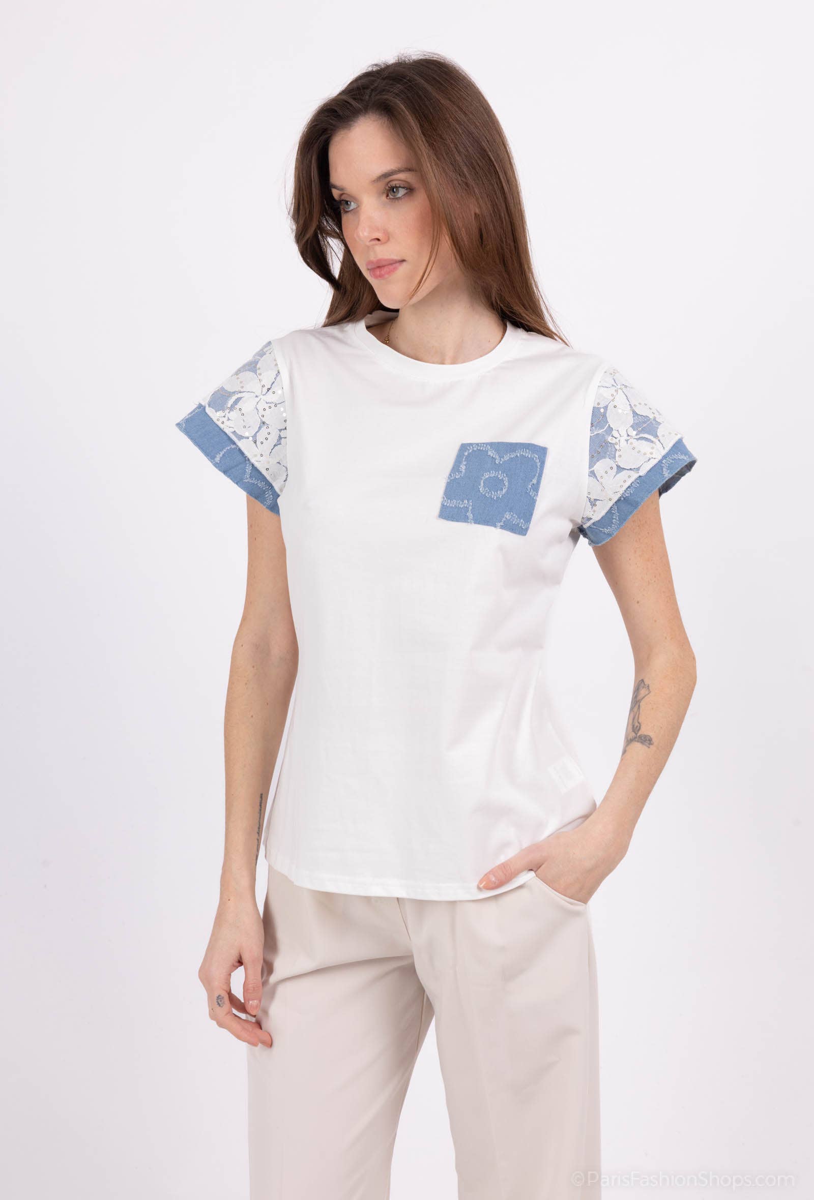 White T-shirt 95% cotton with denim pocket and lace PT2502 for wholesale on Faire2