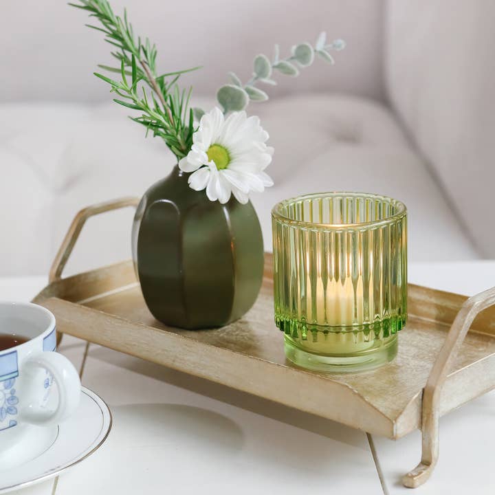 Kate Aspen – Großhandel Kerzenhalter – Votivkerzenhalter aus geripptem grünem Glas (6er-Set)