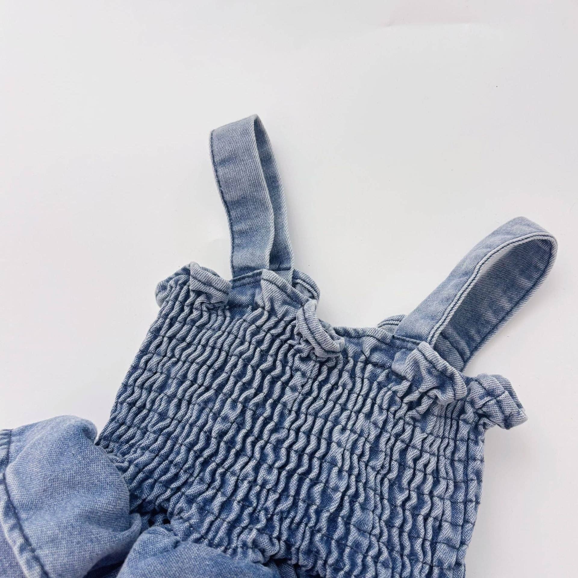 Blue Summer Arrival Baby Girls Cute Sleeveless Denim Pleated Dress Design Strap bodysuit for wholesale on Faire2