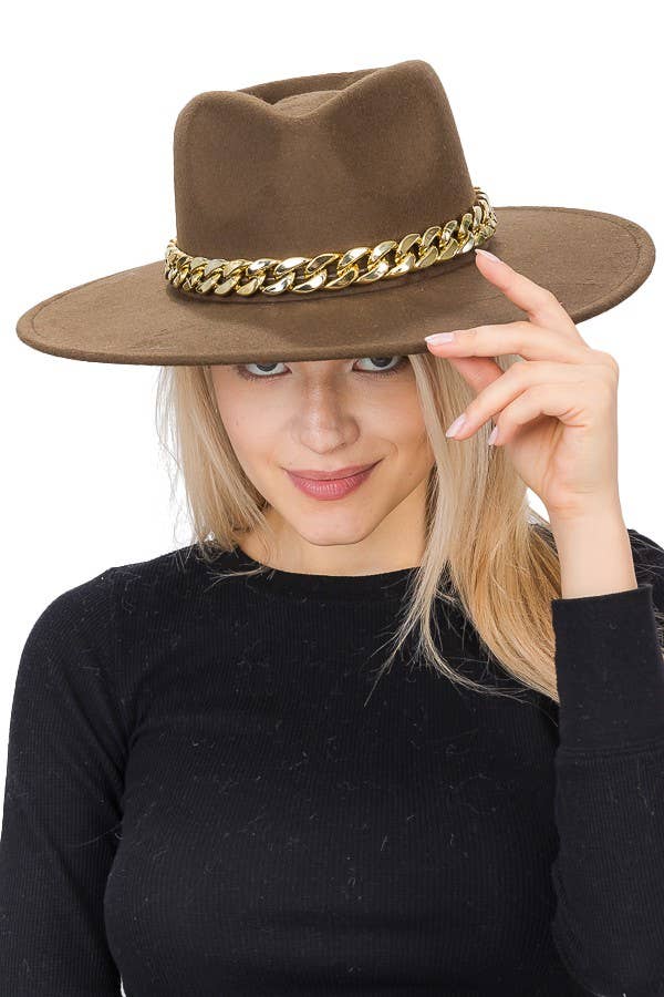 Cap Zone - Wholesale Fedora - Women's - Chunky Cuban Chain Pinch Crease Wide Rancher Hat2