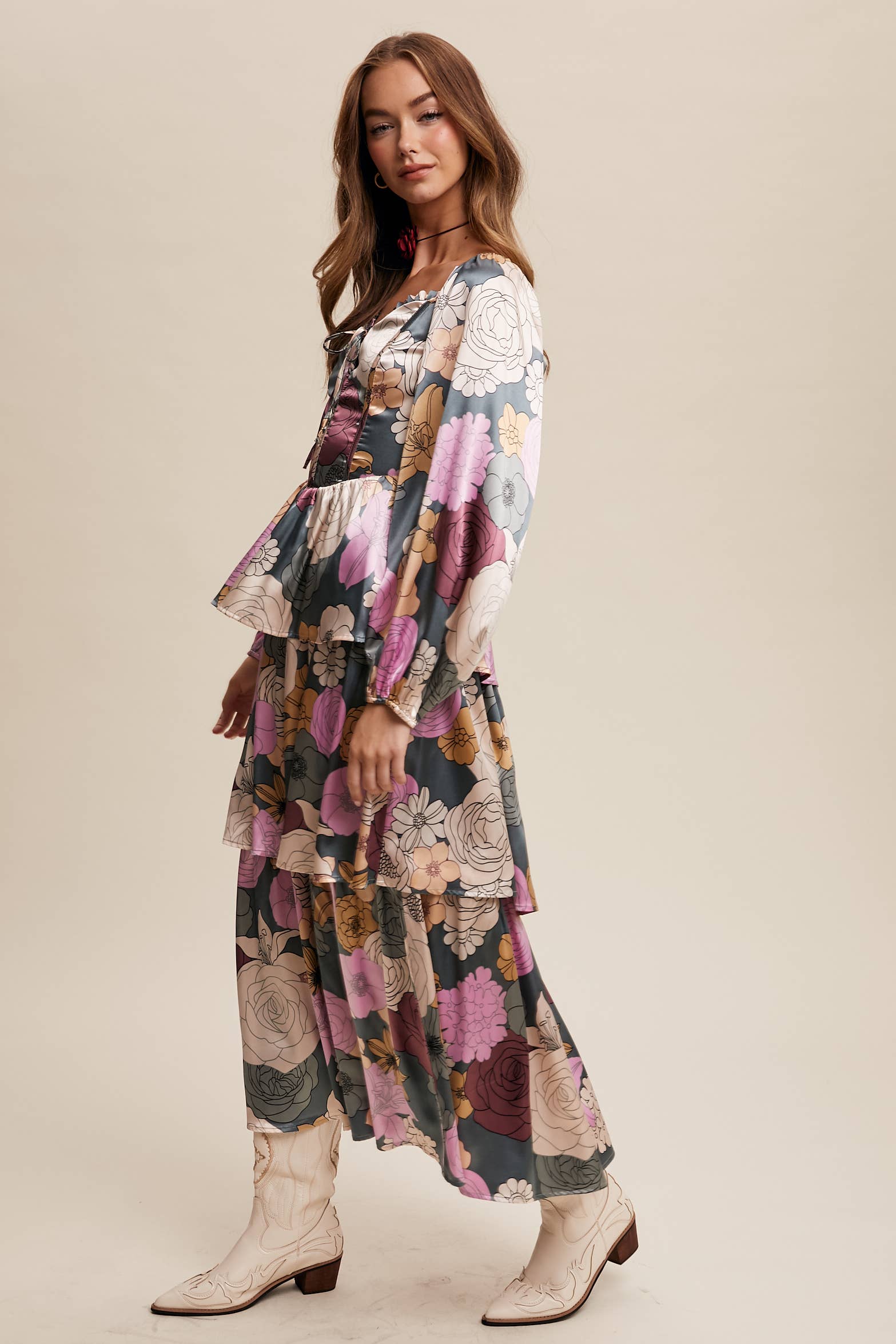 Listicle - Wholesale Dress - Women's - Floral Lace-Up Tiered Maxi Dress LD14486