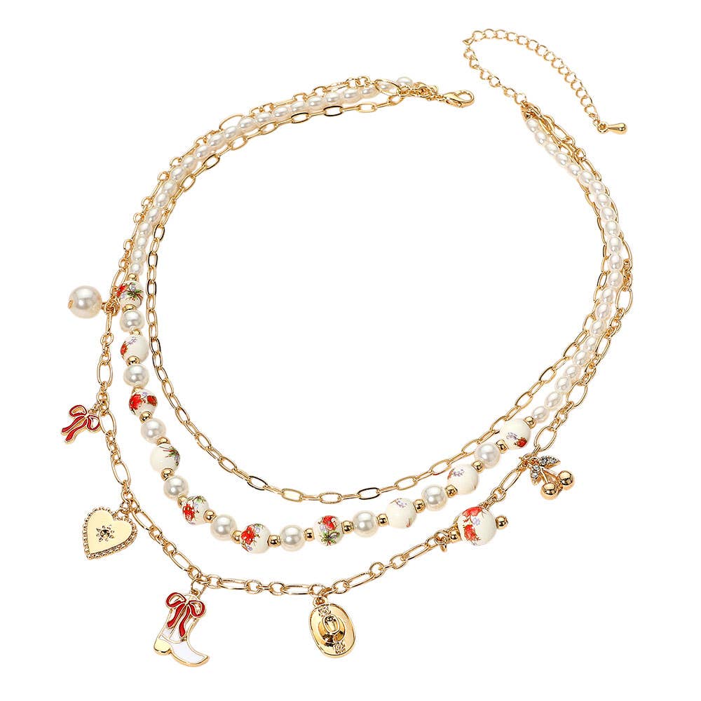 Sensibling Corp. - Wholesale Pendant/Charm Necklace - Western Cowboy Boot Hat Bow Cherry Heart Charm Station Pearl Floral Ceramic Ball Beaded Layered Necklace8