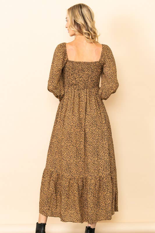 Elloh Collection - Wholesale Dress - Women's - Flowy Leopard Print Square Neck Smocked Maxi Dress w Pockets5