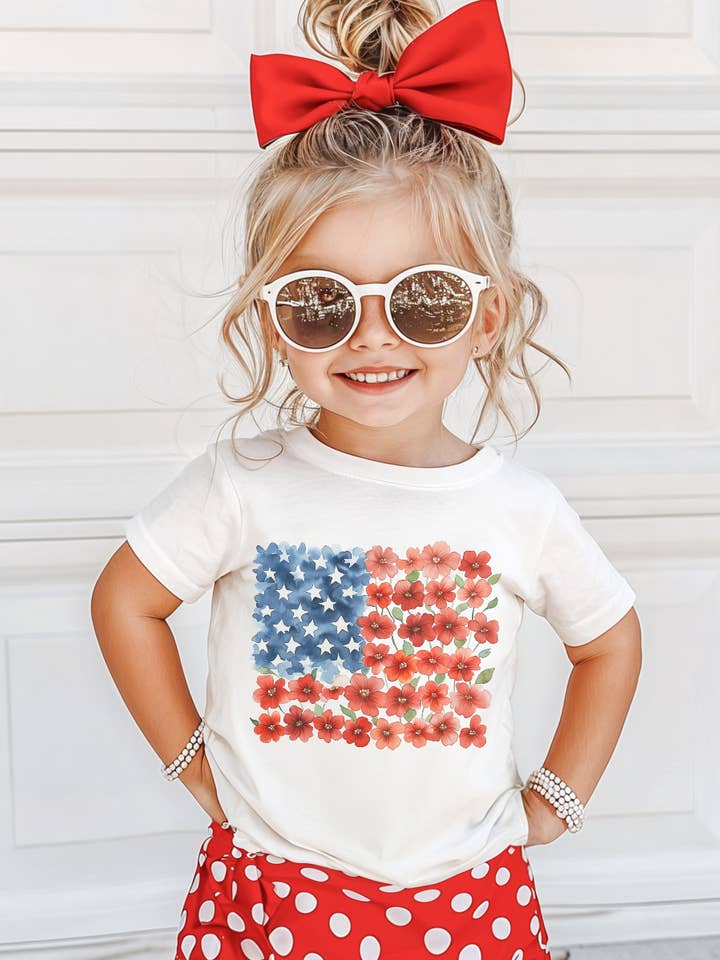 Floral American Flag Short Sleeve Tee for Girls for wholesale by Initial Request