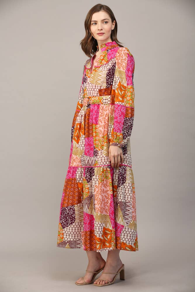 FUCHSIA/ORANGE/LILLA MIDIKJOLE I PATCHWORK BOMULDSDETALJER MED BÆLTE FD32154 for engroshandel på Faire4