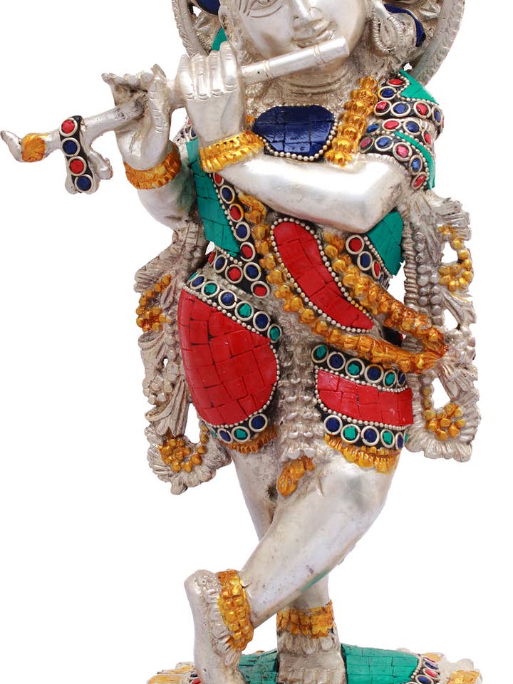 Shri Krishna de 13 pulgadas en latón | Hecho a mano | Ídolo del Señor Krishna para venta al por mayor de Exotic India Art