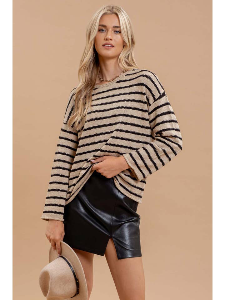 Blu Pepper - Wholesale Knit Sweater - Women's - STRIPE BOAT NECK DROP SHOULDER KNIT SWEATER